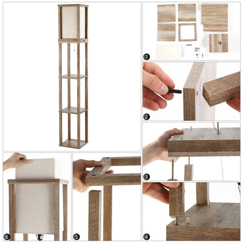 Assembly of 63.5 Inch Brown Wood Three Shelf Etagere Floor Lamp With USB Charging Port, Rustic Boho Tall Standing Storage Light