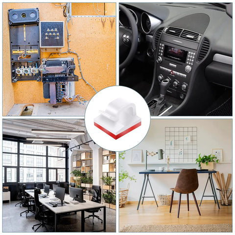 Sticky Cable Clips 30 Pack White Adhesive Wire Organizers for desk and car cord management, durable plastic, various settings.