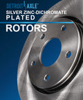 Close-up of silver zinc-dichromate plated front rotor included in Front And Rear Disc Brake Kit With 11.65 Inch Front Rotors And 11.06 Inch Rear Rotors Plus Ceramic Brake Pads For 2007 2011 Toyota Camry, 2008 2012 Avalon, And 2007 2012 Lexus ES350.