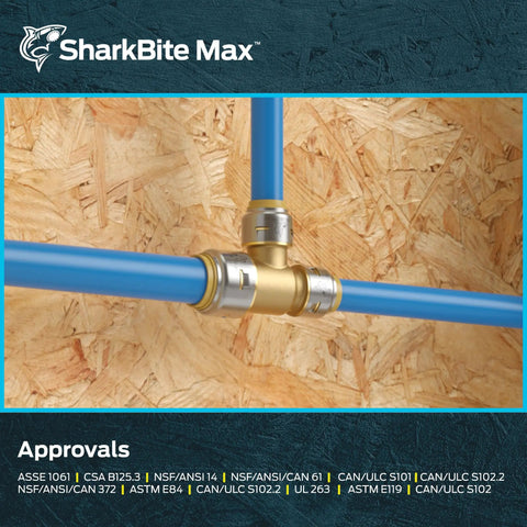 Reducing Slip Tee Three Quarter Inch To One Half Inch And One Half Inch Brass Push To Connect Plumbing Fitting Pack Of Six For PEX Copper CPVC PE RT HDPE Tubing DIY Friendly No Soldering Glue Or Crimp Needed Quick Install installed in wood panel