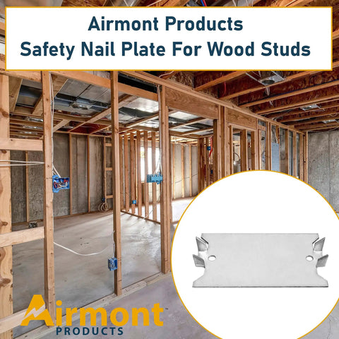 Heavy Duty Nail Plate Shield For Wood Studs, 16-Gauge Steel, 1.5 x 2.5 Inches, shown in a construction setting