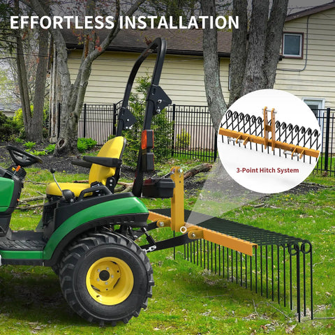 Category 1 tractor with 72 Inch Tow Behind Landscape Rake with 32 steel tine dethatcher, 3 point quick hitch, for lawn cleanup