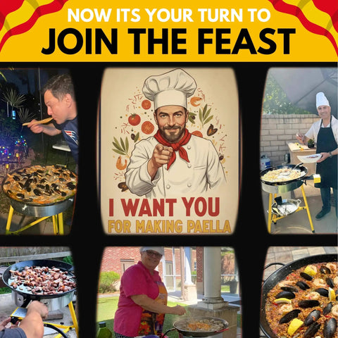 Collage featuring people cooking with Outdoor Paella Burner And Stand Kit With 24 Inch Enamel Pan Dual Propane Stove for feasts.