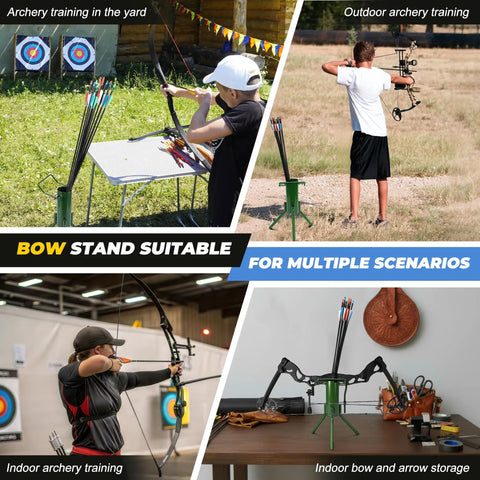 Foldable Bow Stand With Quiver Holder For Compound Bows And Traditional Longbows Ground Archery Stand For Backyard Target Practice And Hunting Holds 30 To 40 Arrows Green Thirteen Point Six Inch 1 Pack in various training settings