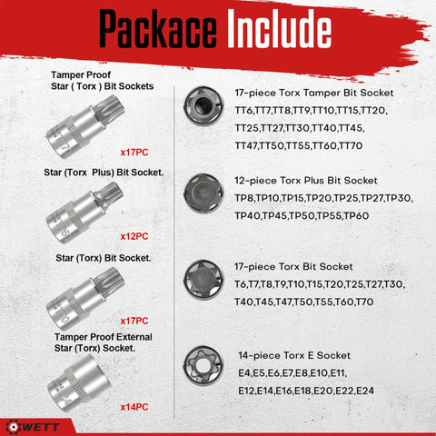 Image of a 32 Piece Hex Bit Socket Master Set packaging including Tamper Proof Star, Torx Plus, and Torx E sockets.