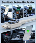 CarPlay charging cable, 2-pack, white USB-A to USB-C, 3 ft, shown installed in car with iPhone for CarPlay