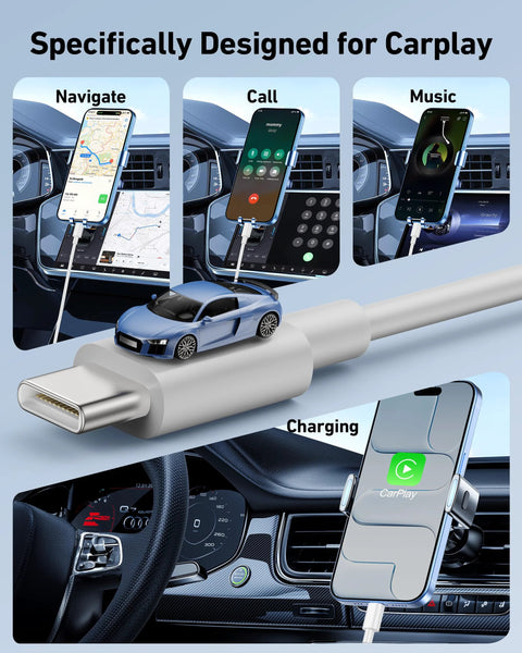 CarPlay charging cable, 2-pack, white USB-A to USB-C, 3 ft, shown installed in car with iPhone for CarPlay