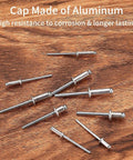 500 Piece Aluminum Blind Rivet Kit With 14 Size Assortment Pop Rivets Set scattered on wooden surface, high corrosion resistance.