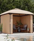 Arc Roof Patio Gazebo 10x10 Outdoor Canopy Tent With Curved Roof Design, Double Tier Top, Privacy Curtains shown by a pool