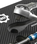 Close-up of 5-Piece Aluminum Ratchet Set with 90-Tooth Swivel Head featuring quarter inch drive in a foam insert