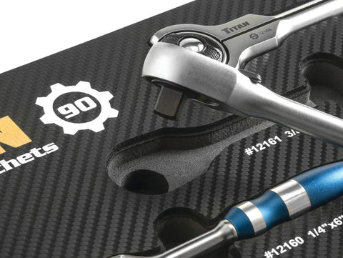 Close-up of 5-Piece Aluminum Ratchet Set with 90-Tooth Swivel Head featuring quarter inch drive in a foam insert