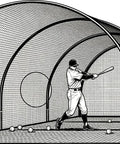 30 Ft Baseball Batting Cage With Frame For Backyard Training, illustrated player practicing, net, fiberglass poles, pitching target
