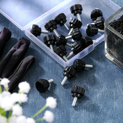 Knurled Threaded Thumbscrews M4 X 10mm For Monitor Mounts Carbon Steel Black 10 Pack, laid out on surface, box partially visible