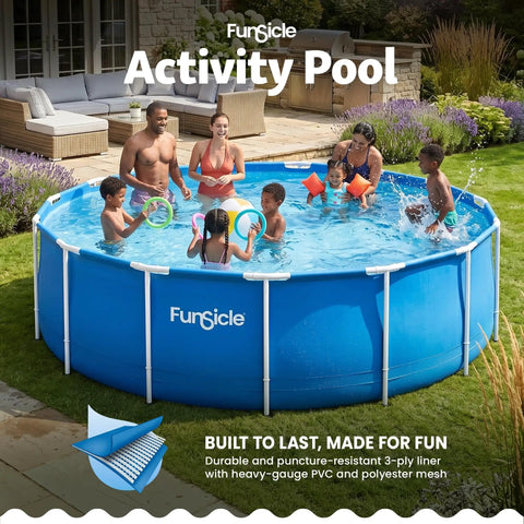 Top Tier 15 Foot Round Above Ground Pool Featuring Lightning Fast Snap Lock Assembly Durable Steel Supports And Smooth Inner Sleeve designed for fun with kids splashing in summer.