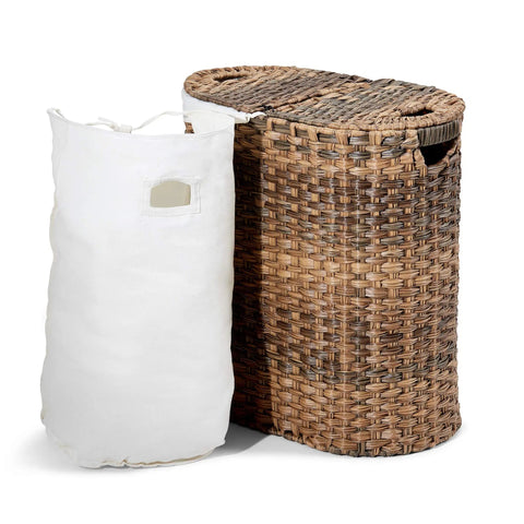 Handwoven Portable Laundry Hamper With Carry Handles, Durable Steel Frame, Water Resistant Strands, Oval Mocha Brown Bin For Clothes Linens And Sheets, Easy Sorting And Quick Transport
