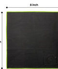 Front view of an 8x8-inch black microfiber cleaning cloth with lime-green edge and small logo patch.