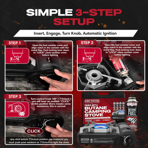 Step-by-step setup guide for portable butane camping stove with piezo ignition and 7650 BTU output using fuel canister.