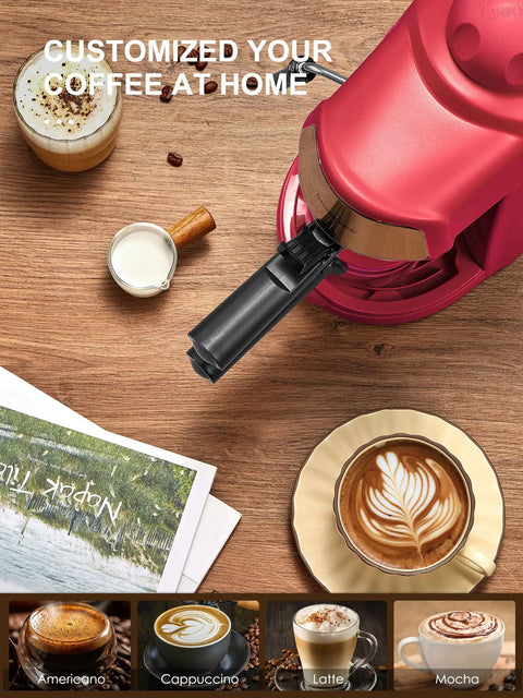 Solid Espresso And Cappuccino Machine Brings Super Quick Heat To Your Kitchen Counter with coffee setup and latte art on wood.