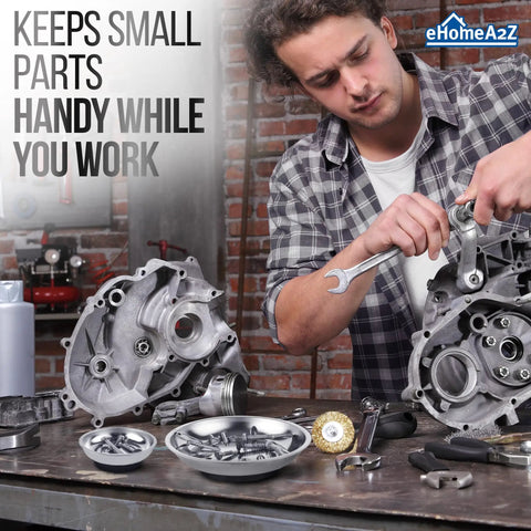 Mechanic using Magnetic Tray 3 Piece Set Round Stainless Steel Magnetic Parts Trays for screws while assembling engine