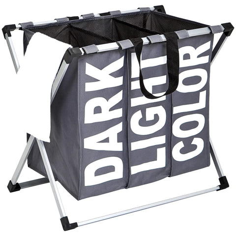 Triple Laundry Basket Hamper With Three Compartments For Light Dark And Colored Clothes, Dark Gray, Large Capacity Laundry Organizer.