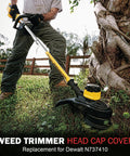 Man using weed trimmer with yellow handle and black head on grass; Weed Trimmer Head Cap Cover Replacement with Spring and Cap Parts