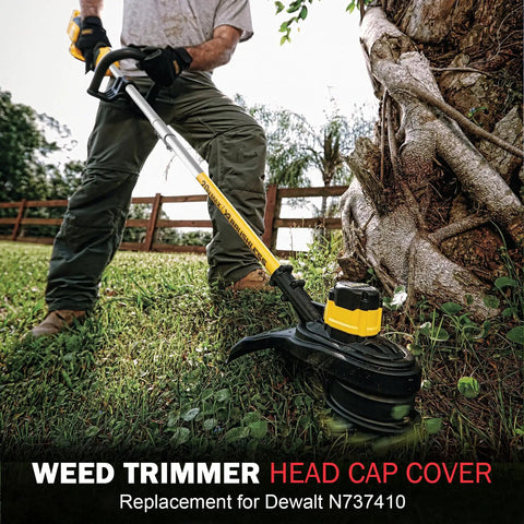 Man using weed trimmer with yellow handle and black head on grass; Weed Trimmer Head Cap Cover Replacement with Spring and Cap Parts