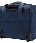 Navy blue smart underseat carry-on with USB charging, 15-inch size, lightweight and airline friendly, showing rolling wheels and handle