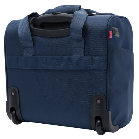 Navy blue smart underseat carry-on with USB charging, 15-inch size, lightweight and airline friendly, showing rolling wheels and handle