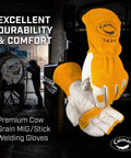 Premium Cow Grain Welding Gloves For MIG And Stick Kontour Design Cotton Fleece Insulation White And Gold Large Size