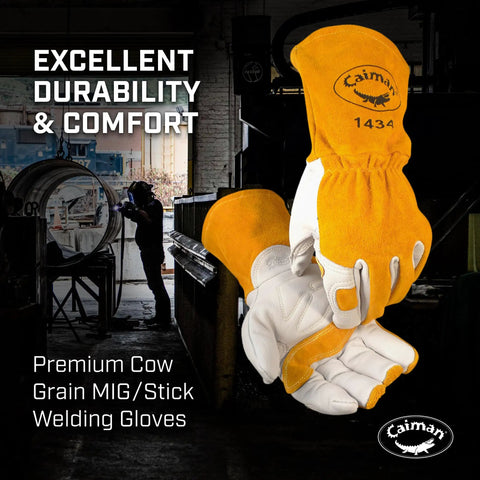 Premium Cow Grain Welding Gloves For MIG And Stick Kontour Design Cotton Fleece Insulation White And Gold Large Size