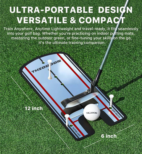 Ultra Thin 3mm Golf Putting Mirror For Eye And Shoulder Alignment With Real Time Visual Feedback To Square Your Stance On Every Putt Anti Scratch Acrylic Surface Portable Carry Bag Perfect For Home And Green Practice Pro Grade Confidence demonstrating use with putter and ball on green surface.