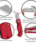 Retractable Utility Knife Set With Heavy Duty Razor Blade And 3 Extra Blades Refills, Built For Cardboard, Packages, Warehouse, Office, And Construction Jobs, Ergonomic Red Cutter For Quick, Clean Cuts, A Real Workhorse, red metal body with clip
