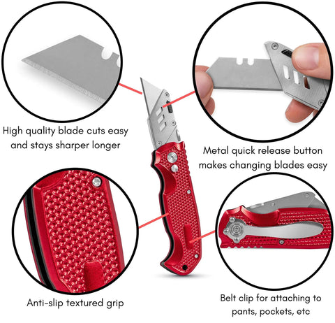 Retractable Utility Knife Set With Heavy Duty Razor Blade And 3 Extra Blades Refills, Built For Cardboard, Packages, Warehouse, Office, And Construction Jobs, Ergonomic Red Cutter For Quick, Clean Cuts, A Real Workhorse, red metal body with clip