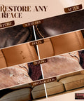 Top Shelf Gray Mix Leather And Vinyl Repair Kit Fixes Scratches Or Rips On Sofas Boats Or Car Seats Hassle Free Diy Furniture Makeover With Three Tone Palettes To Patch Bonded Upholstery Like A Pro before and after showing damaged and repaired leather surfaces.