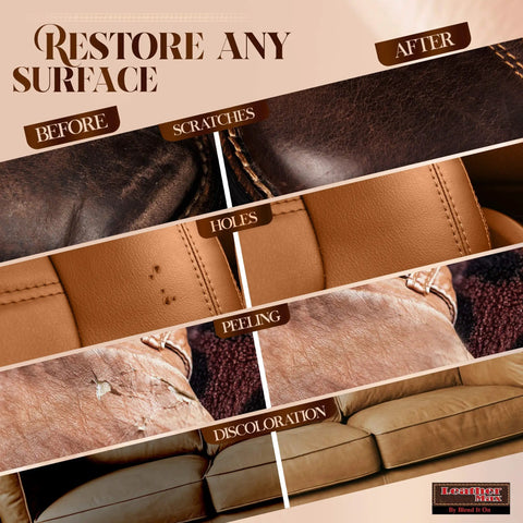 Top Shelf Gray Mix Leather And Vinyl Repair Kit Fixes Scratches Or Rips On Sofas Boats Or Car Seats Hassle Free Diy Furniture Makeover With Three Tone Palettes To Patch Bonded Upholstery Like A Pro before and after showing damaged and repaired leather surfaces.