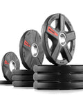 65 Lb Olympic Weight Set With Rubber Coated Texas Star Plates and multiple weight arrangements