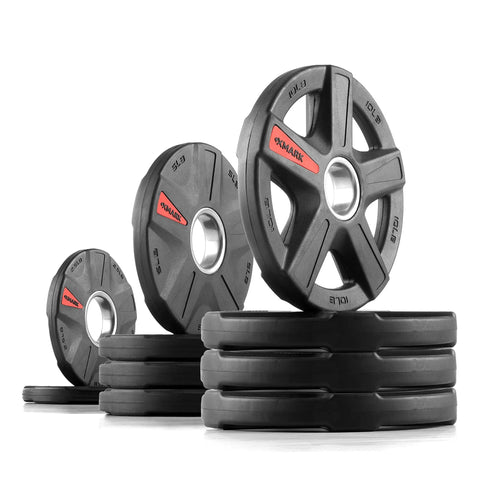 65 Lb Olympic Weight Set With Rubber Coated Texas Star Plates and multiple weight arrangements