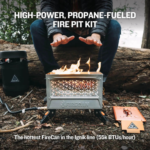 Elite Portable Propane Fire Pit Kit Delivers 55K BTU Of Heat Lightweight CSA Compliant at a campsite setting