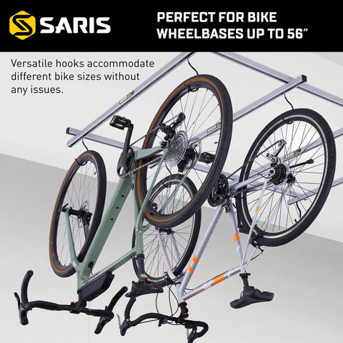 Glide Ceiling Bike Rack Storage For Up To Four Bikes With Individual Access, Adjustable Wheel Hooks, grey overhead view