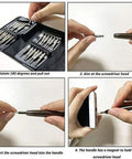 Step-by-step assembly of Magnetic 25 In 1 Screwdriver Set With Vanadium Steel Bits, featuring a non-slip handle and leather case for electronics.