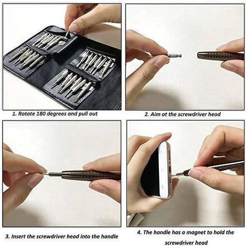 Step-by-step assembly of Magnetic 25 In 1 Screwdriver Set With Vanadium Steel Bits, featuring a non-slip handle and leather case for electronics.
