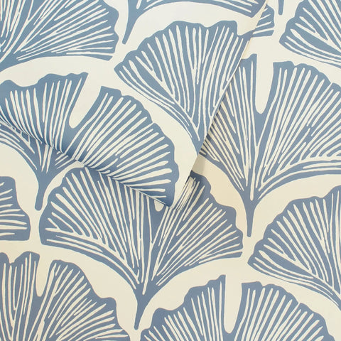 Removable Peel And Stick Wallpaper With Blue Ginkgo Leaves On Off White Background Self Adhesive Wall Covering For A Modern Tropical Look No Mess Install Easy To Apply Peelable And Reusable Made In USA showing a close-up pattern.