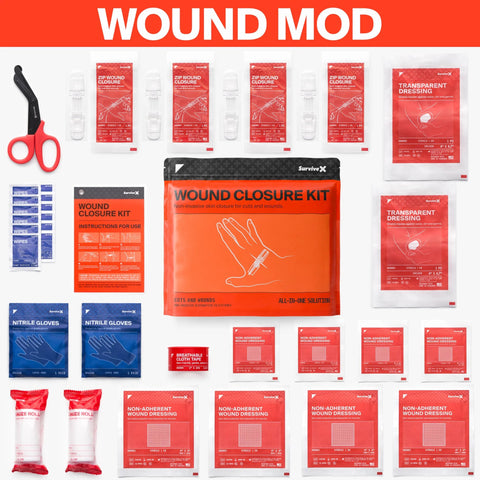 SurviveX Zip Stitch wound closure kit with orange pouch, nitrile gloves, and assorted dressings