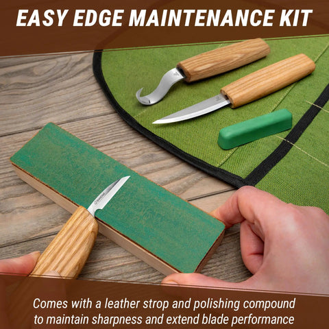 Hella Sharp And Tough Left Handed Wood Carving Knife Set Sloyd Spoon Blades Hook Whittling Tool with leather strop and polishing compound.