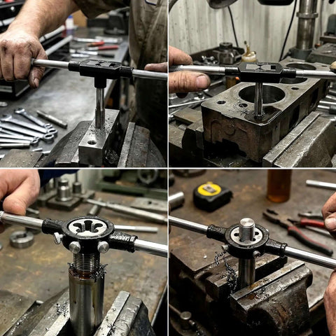 52-Piece Jumbo Metric Tap And Die Set For Internal And External Threading M6x0.75 To M24x3.0 in use on industrial machines.