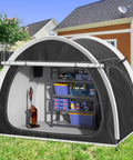 Oversized Bike Storage Tent For 3 To 4 Bikes, Portable Foldable Garage Garden Shelter in a backyard with garden tools inside