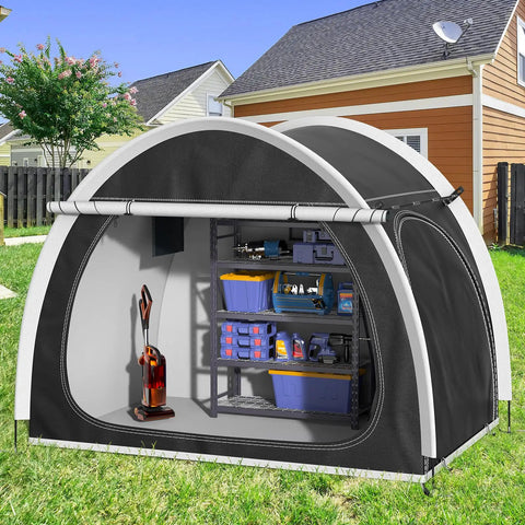 Oversized Bike Storage Tent For 3 To 4 Bikes, Portable Foldable Garage Garden Shelter in a backyard with garden tools inside