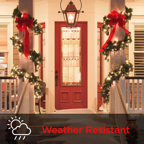 No Fuss Outdoor Dusk To Dawn Light Timer Featuring Dual Power Outlets And Integrated Photocell Sensor For Absolutely Hands Free Weather Resistant Lighting Setup at a festive entrance with holiday decorations.