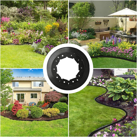 No Dig Landscape Edging Kit With 60 Spikes, 4 Inch Tall 66 Foot Border in various garden settings.