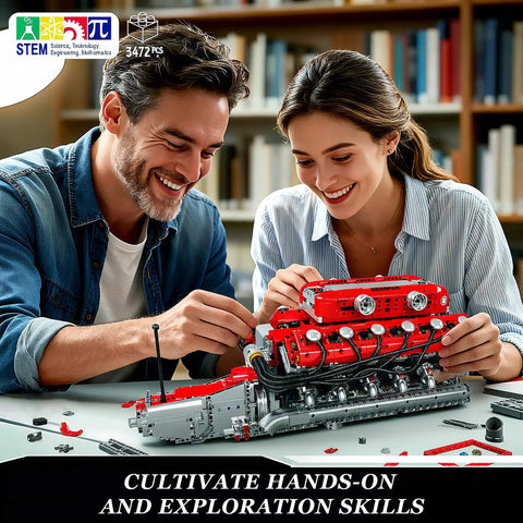 Couple assembling Mould King V12 Engine Model Kit That Runs With Battery And Gearshift, Motorized Car Building Blocks Set